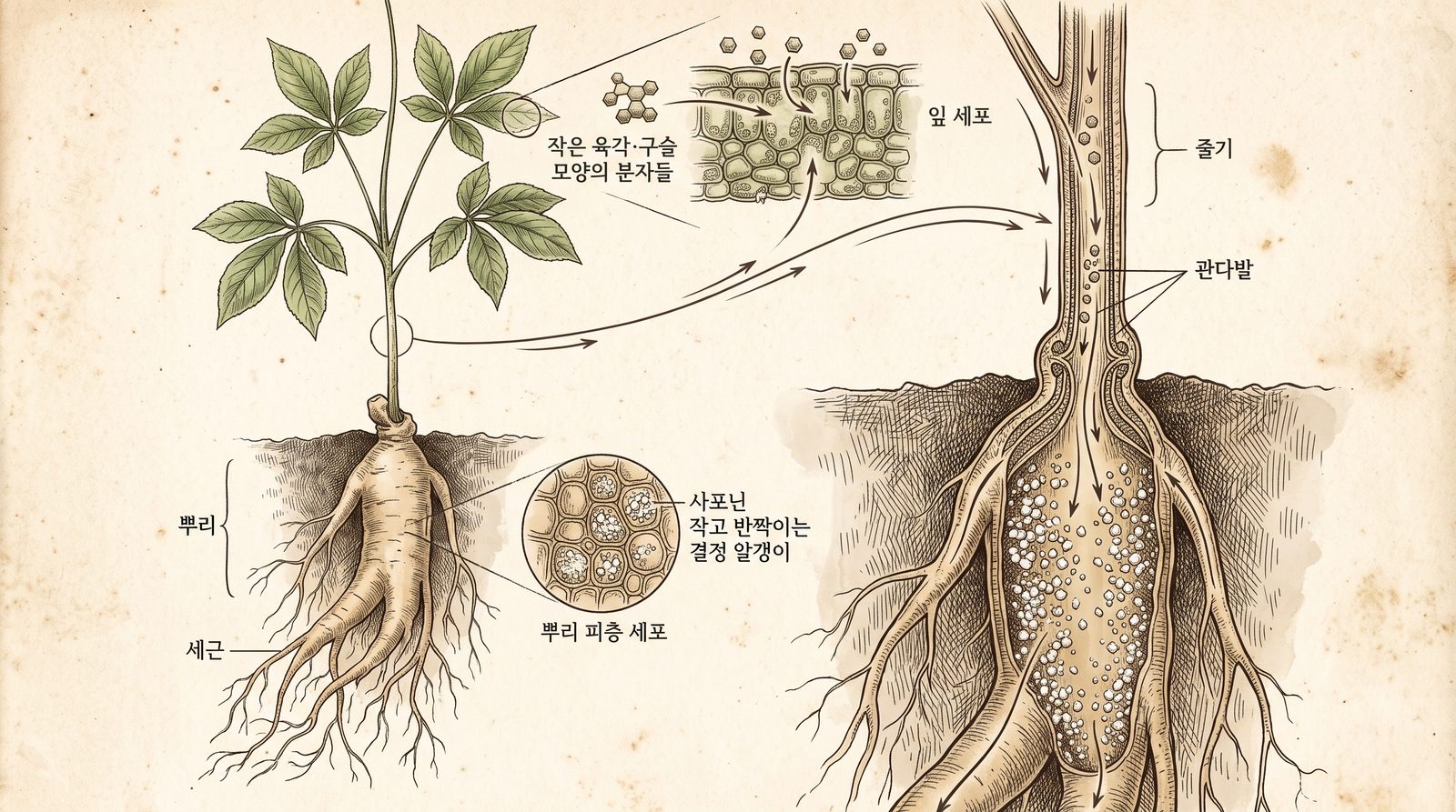 잎에서 흡수된 완성 아미노산이 에너지를 아끼고 그 힘이 인삼 뿌리로 내려가 사포닌으로 축적되는 인삼 전체 단면 개념 세밀화